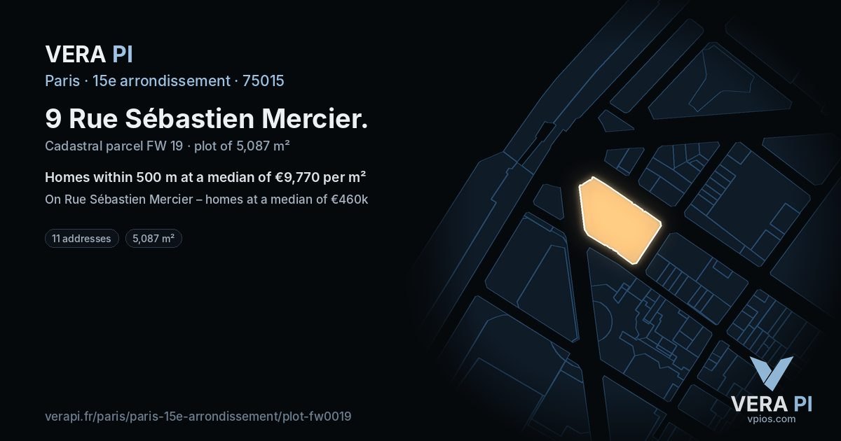 9 Rue Sébastien Mercier, 15e arrondissement at night – the plot lit, the parcels around coloured by the prices near them