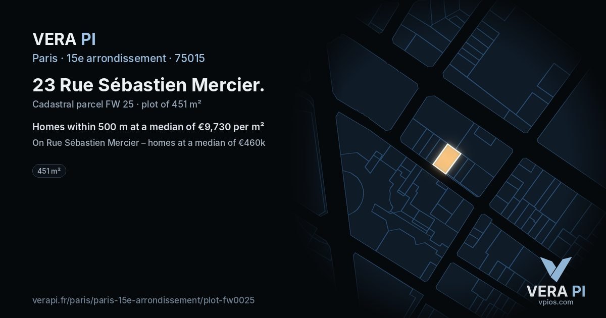 23 Rue Sébastien Mercier, 15e arrondissement at night – the plot lit, the parcels around coloured by the prices near them