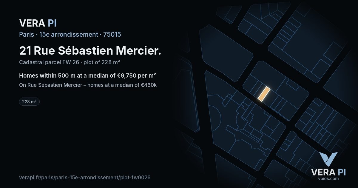 21 Rue Sébastien Mercier, 15e arrondissement at night – the plot lit, the parcels around coloured by the prices near them