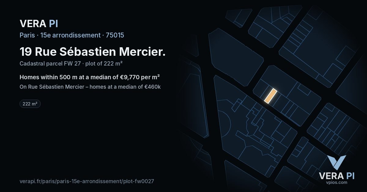19 Rue Sébastien Mercier, 15e arrondissement at night – the plot lit, the parcels around coloured by the prices near them