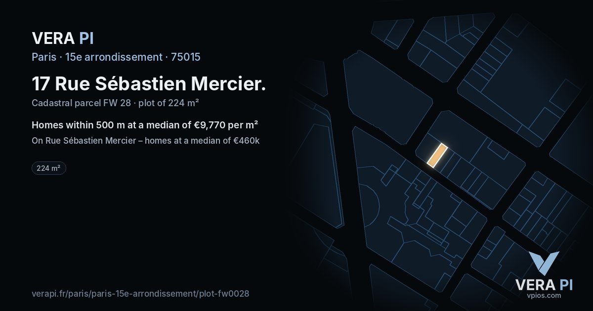 17 Rue Sébastien Mercier, 15e arrondissement at night – the plot lit, the parcels around coloured by the prices near them