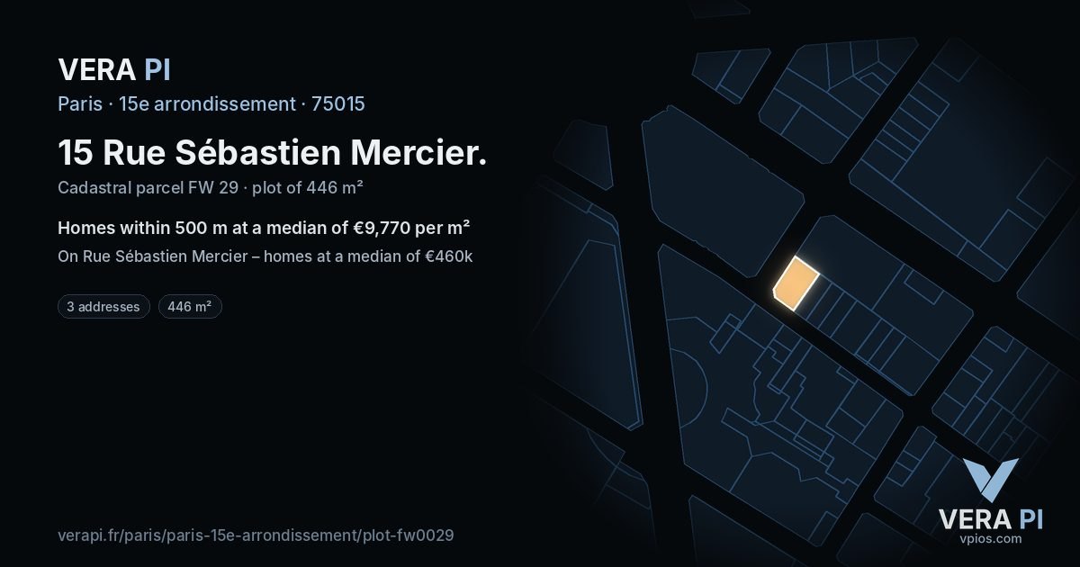 15 Rue Sébastien Mercier, 15e arrondissement at night – the plot lit, the parcels around coloured by the prices near them