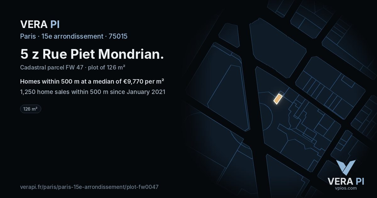 5 z Rue Piet Mondrian, 15e arrondissement at night – the plot lit, the parcels around coloured by the prices near them