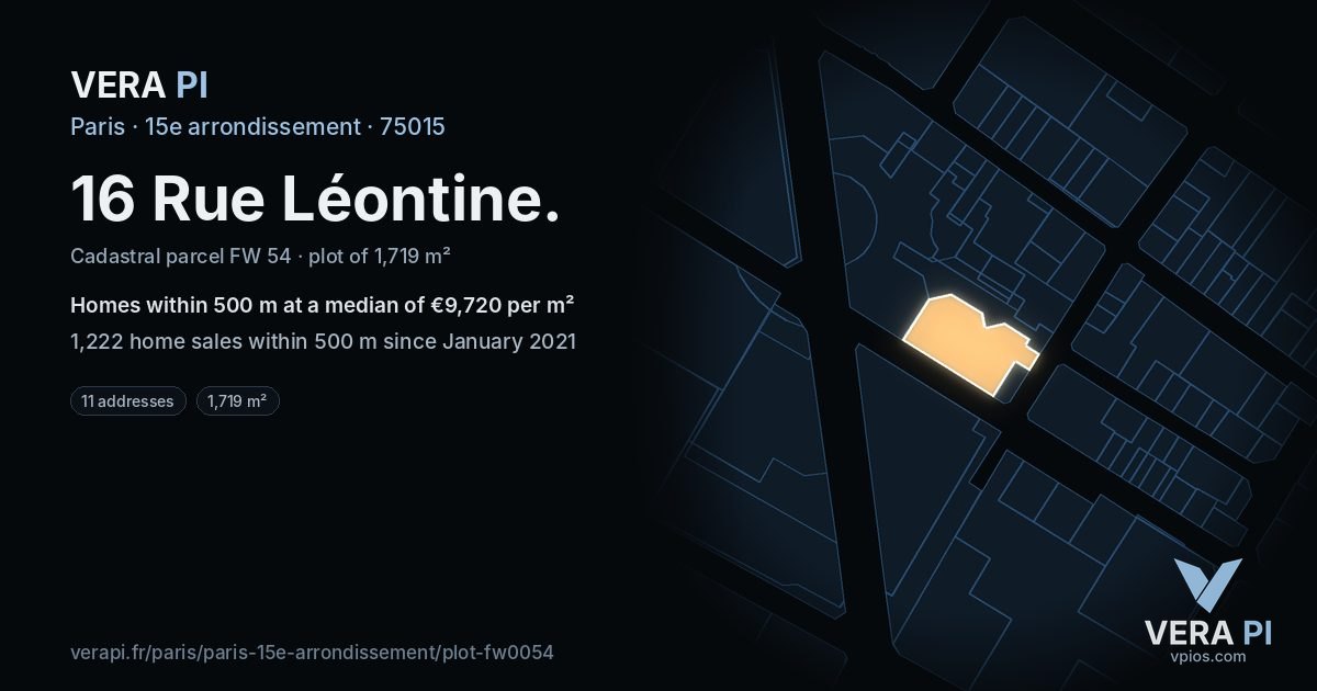 16 Rue Léontine, 15e arrondissement at night – the plot lit, the parcels around coloured by the prices near them