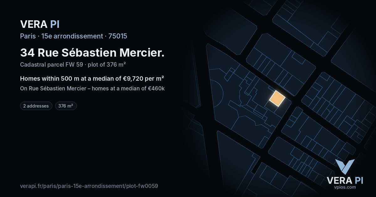 34 Rue Sébastien Mercier, 15e arrondissement at night – the plot lit, the parcels around coloured by the prices near them