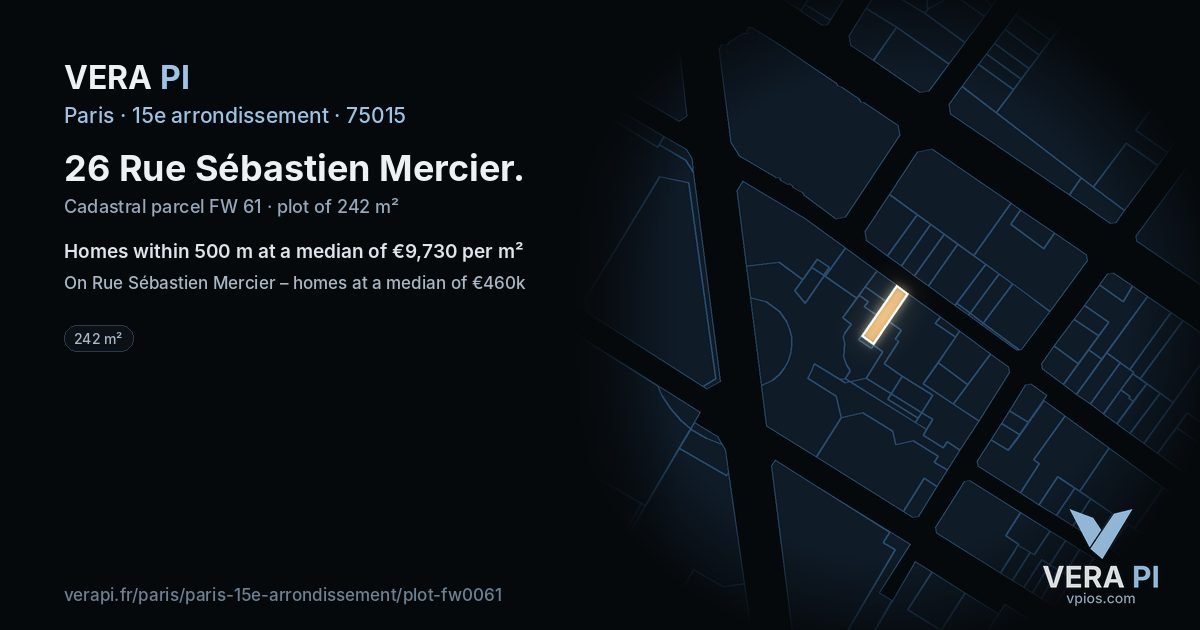 26 Rue Sébastien Mercier, 15e arrondissement at night – the plot lit, the parcels around coloured by the prices near them