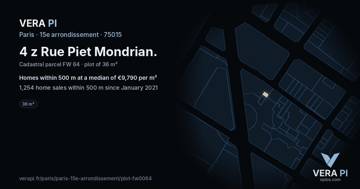 4 z Rue Piet Mondrian, 15e arrondissement at night – the plot lit, the parcels around coloured by the prices near them