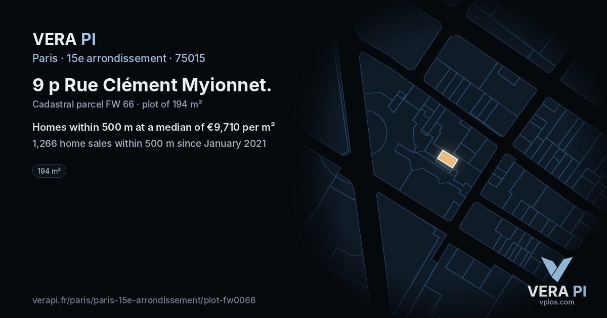 9 p Rue Clément Myionnet, 15e arrondissement at night – the plot lit, the parcels around coloured by the prices near them
