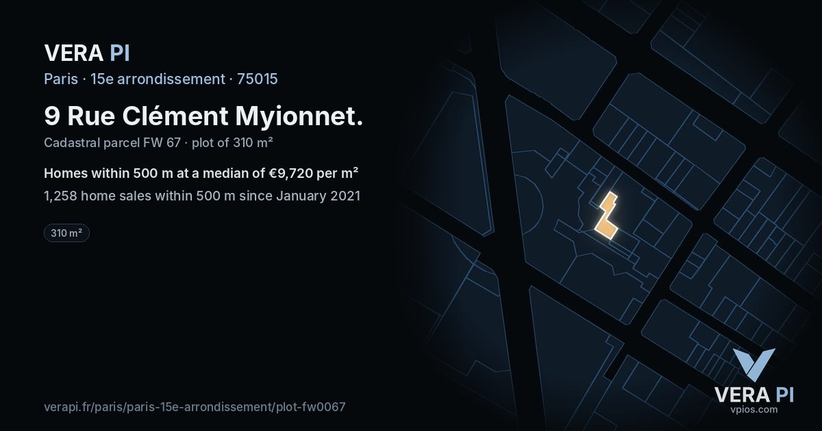 9 Rue Clément Myionnet, 15e arrondissement at night – the plot lit, the parcels around coloured by the prices near them
