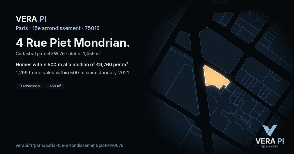 4 Rue Piet Mondrian, 15e arrondissement at night – the plot lit, the parcels around coloured by the prices near them