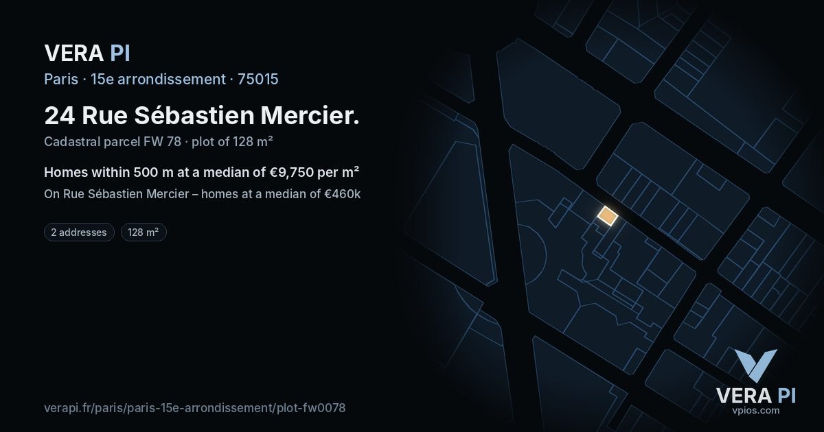 24 Rue Sébastien Mercier, 15e arrondissement at night – the plot lit, the parcels around coloured by the prices near them