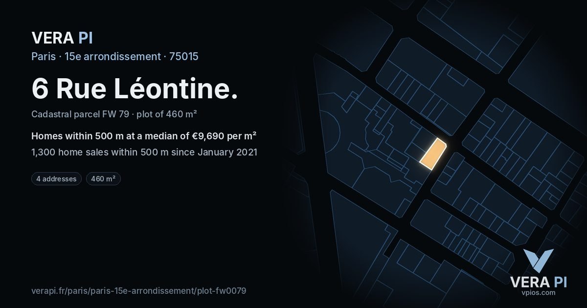 6 Rue Léontine, 15e arrondissement at night – the plot lit, the parcels around coloured by the prices near them