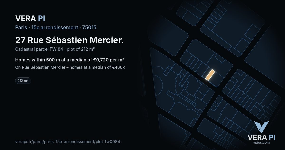 27 Rue Sébastien Mercier, 15e arrondissement at night – the plot lit, the parcels around coloured by the prices near them