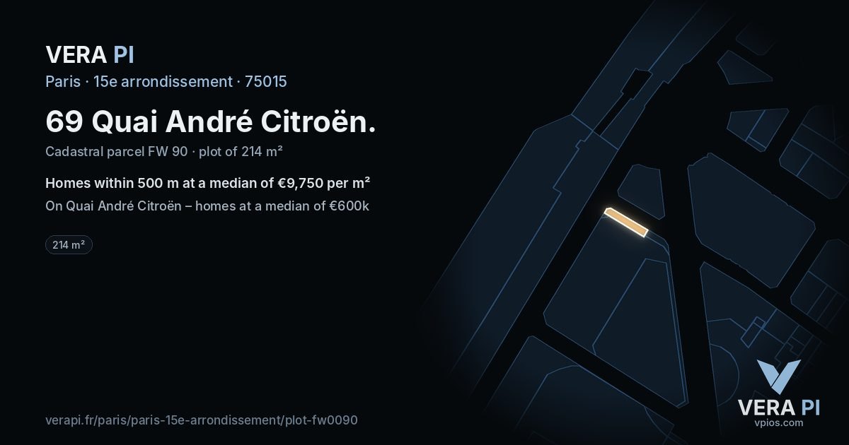 69 Quai André Citroën, 15e arrondissement at night – the plot lit, the parcels around coloured by the prices near them