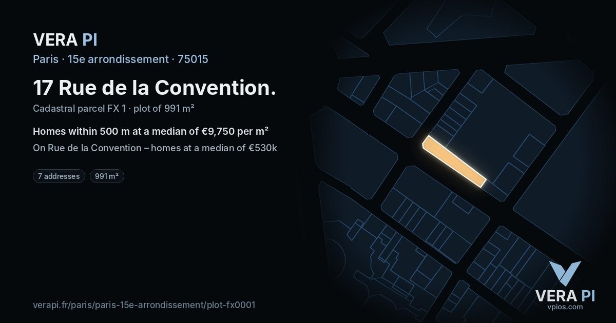 17 Rue de la Convention, 15e arrondissement at night – the plot lit, the parcels around coloured by the prices near them