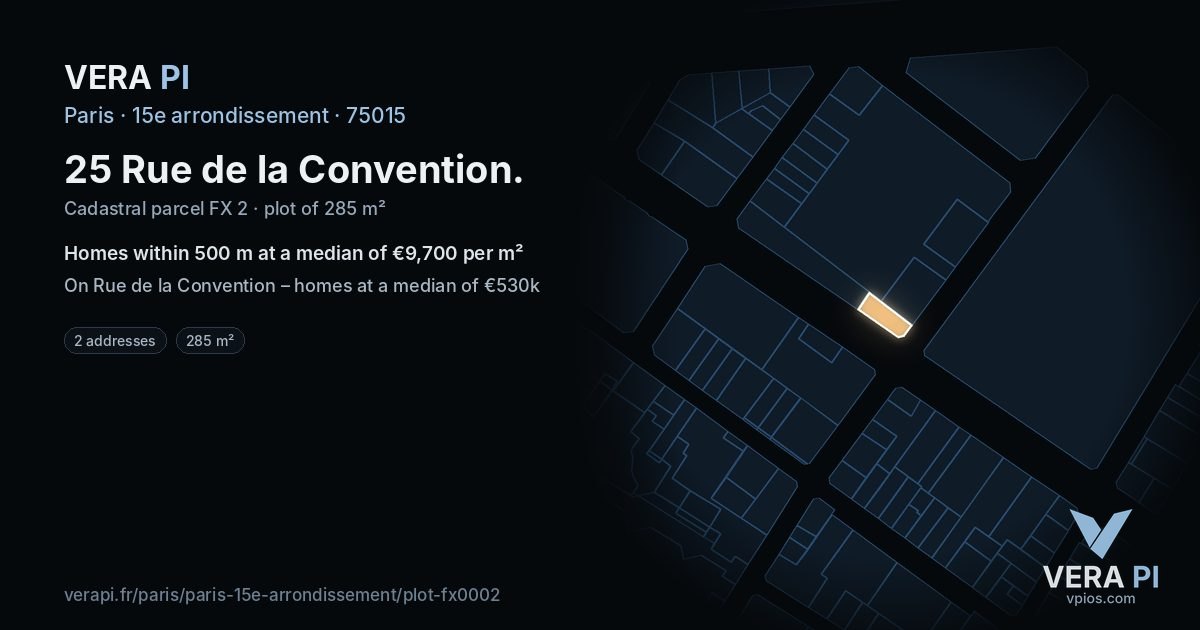 25 Rue de la Convention, 15e arrondissement at night – the plot lit, the parcels around coloured by the prices near them