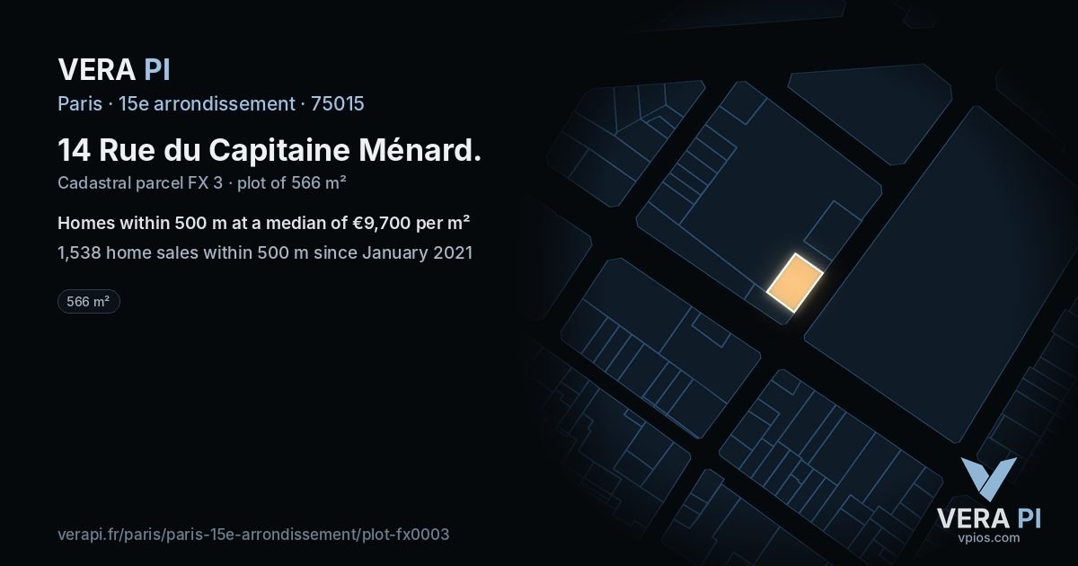 14 Rue du Capitaine Ménard, 15e arrondissement at night – the plot lit, the parcels around coloured by the prices near them