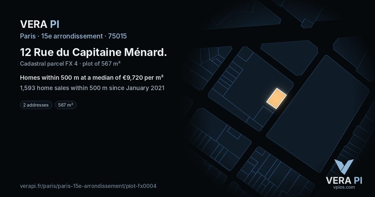 12 Rue du Capitaine Ménard, 15e arrondissement at night – the plot lit, the parcels around coloured by the prices near them
