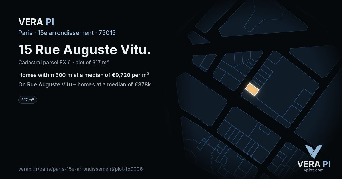 15 Rue Auguste Vitu, 15e arrondissement at night – the plot lit, the parcels around coloured by the prices near them