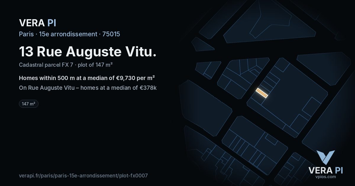 13 Rue Auguste Vitu, 15e arrondissement at night – the plot lit, the parcels around coloured by the prices near them