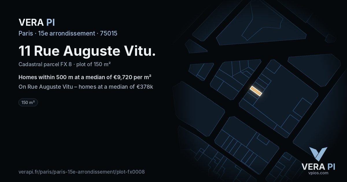 11 Rue Auguste Vitu, 15e arrondissement at night – the plot lit, the parcels around coloured by the prices near them