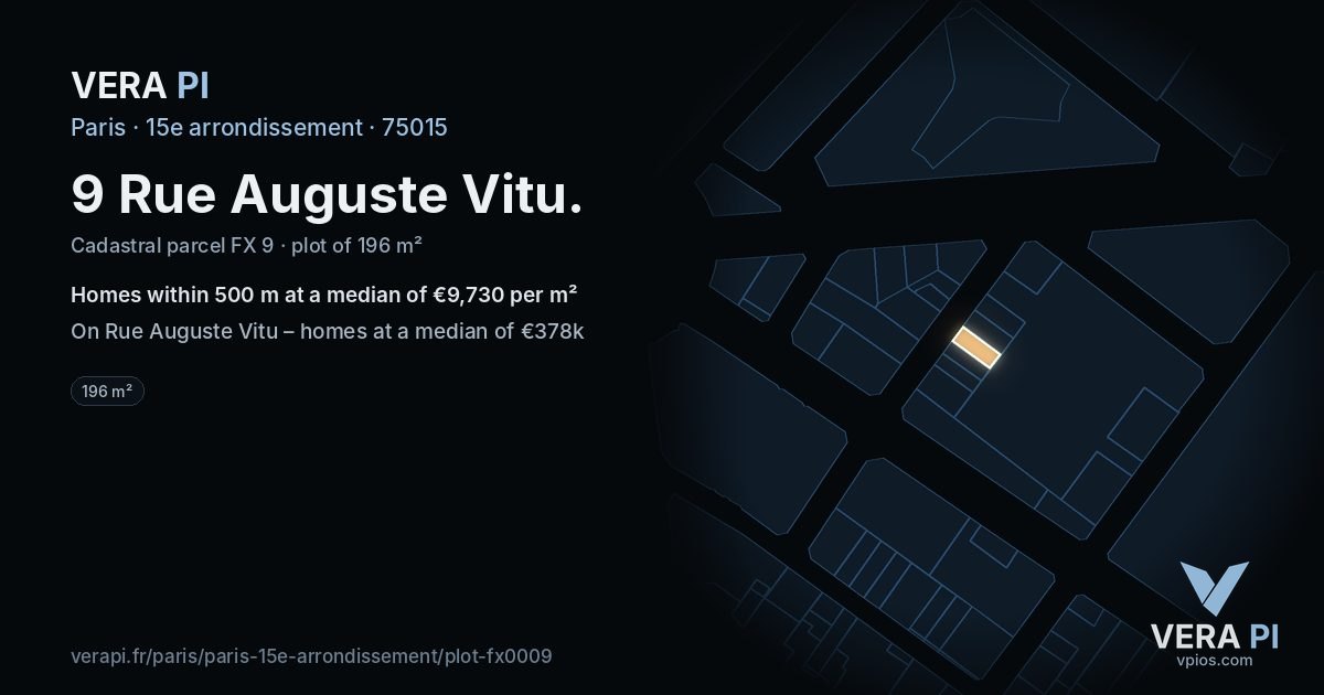 9 Rue Auguste Vitu, 15e arrondissement at night – the plot lit, the parcels around coloured by the prices near them