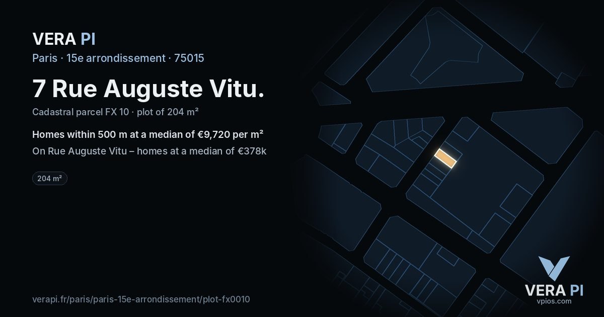 7 Rue Auguste Vitu, 15e arrondissement at night – the plot lit, the parcels around coloured by the prices near them