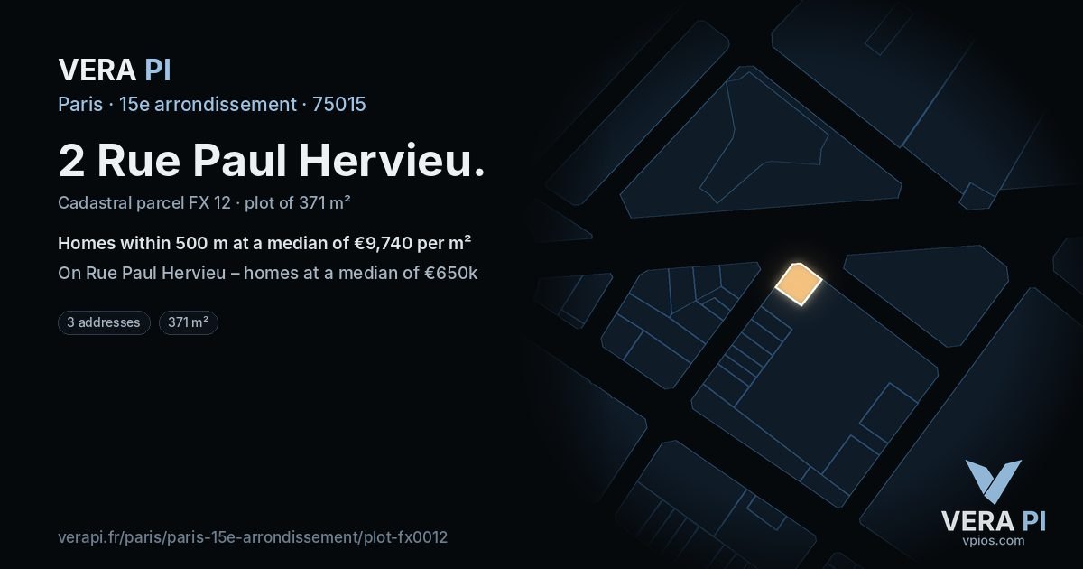 2 Rue Paul Hervieu, 15e arrondissement at night – the plot lit, the parcels around coloured by the prices near them