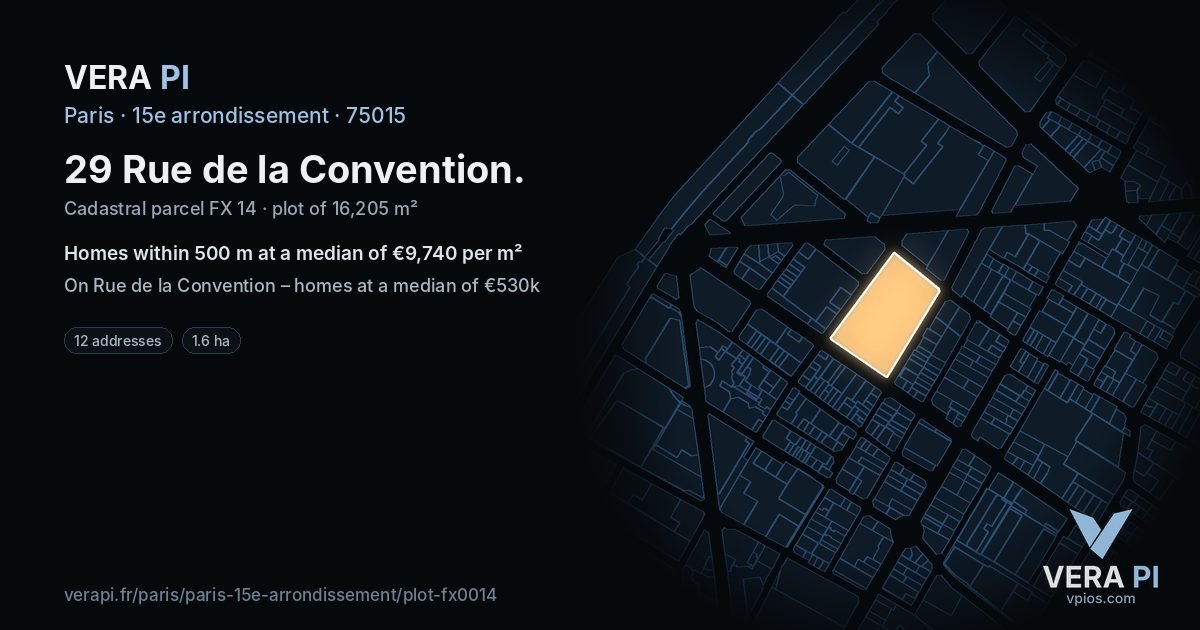 29 Rue de la Convention, 15e arrondissement at night – the plot lit, the parcels around coloured by the prices near them