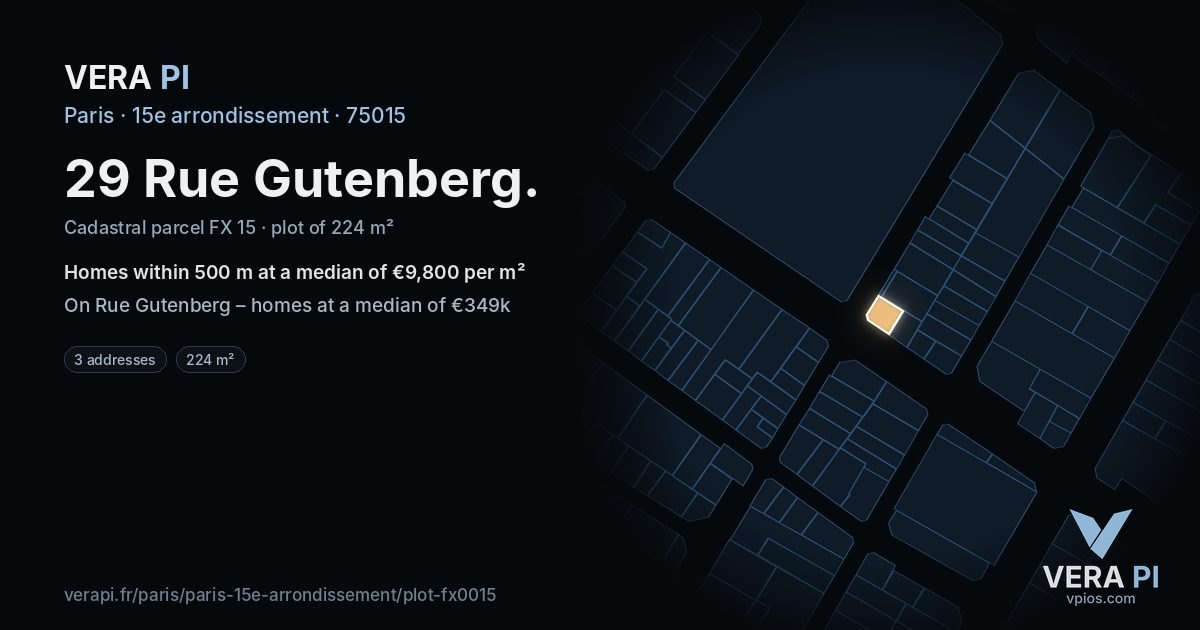 29 Rue Gutenberg, 15e arrondissement at night – the plot lit, the parcels around coloured by the prices near them