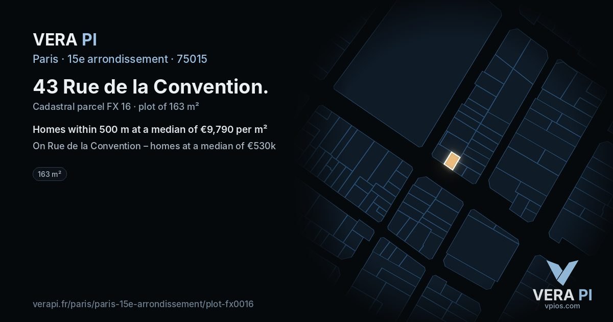 43 Rue de la Convention, 15e arrondissement at night – the plot lit, the parcels around coloured by the prices near them
