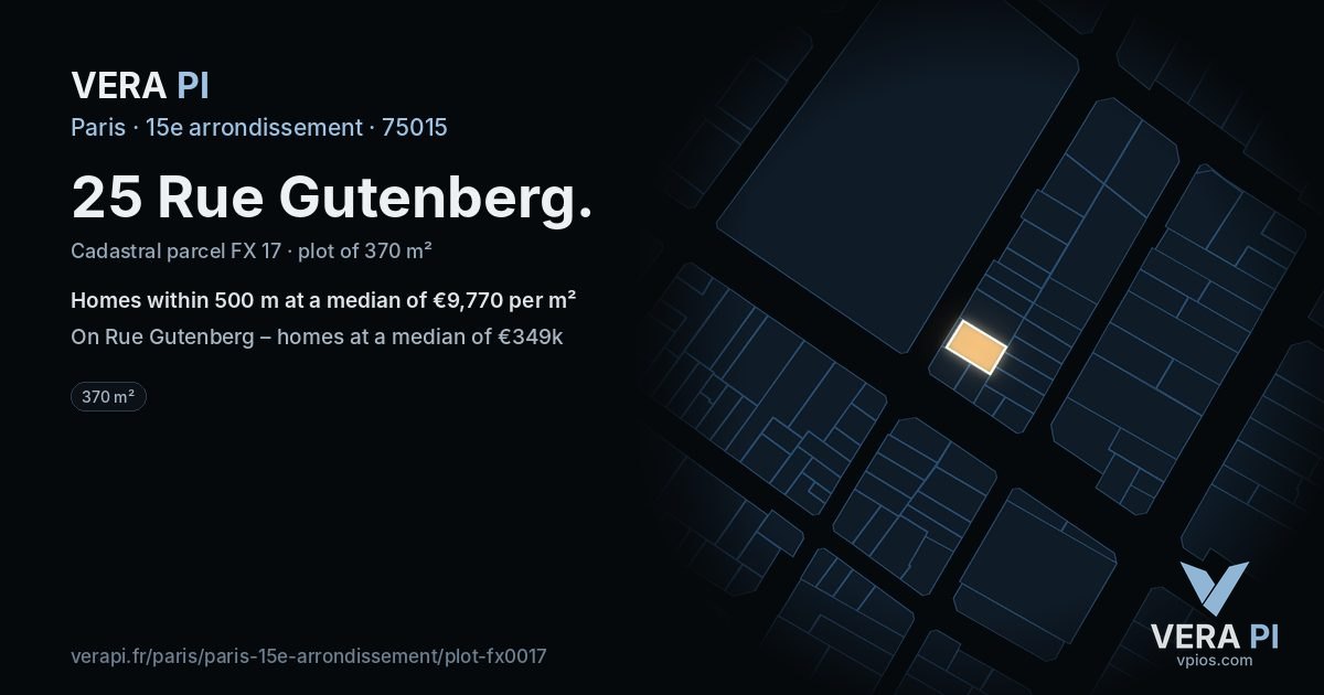 25 Rue Gutenberg, 15e arrondissement at night – the plot lit, the parcels around coloured by the prices near them