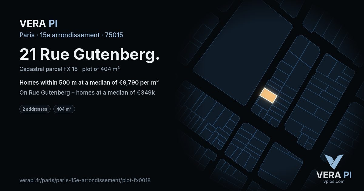 21 Rue Gutenberg, 15e arrondissement at night – the plot lit, the parcels around coloured by the prices near them