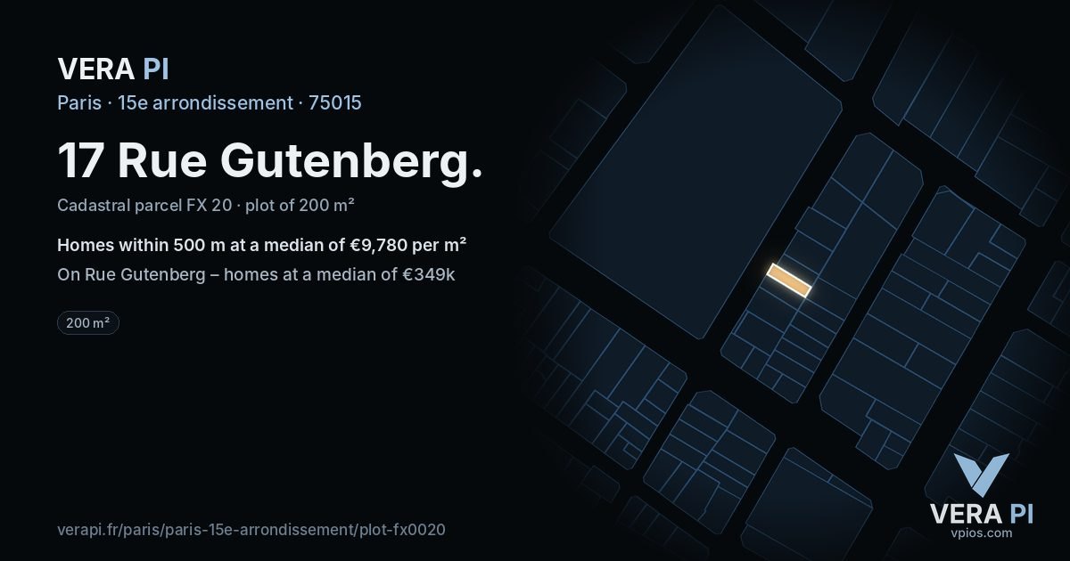17 Rue Gutenberg, 15e arrondissement at night – the plot lit, the parcels around coloured by the prices near them