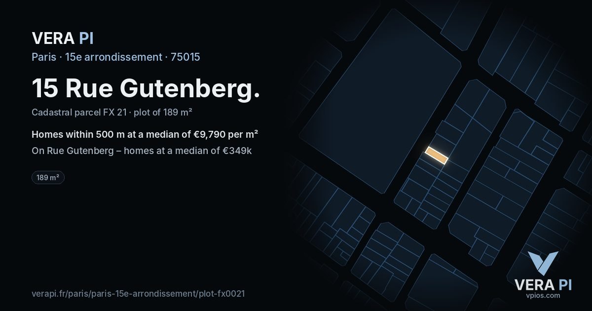 15 Rue Gutenberg, 15e arrondissement at night – the plot lit, the parcels around coloured by the prices near them