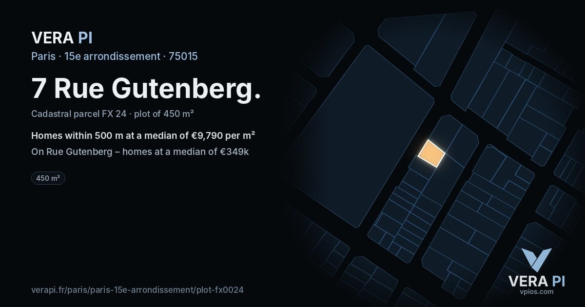 7 Rue Gutenberg, 15e arrondissement at night – the plot lit, the parcels around coloured by the prices near them