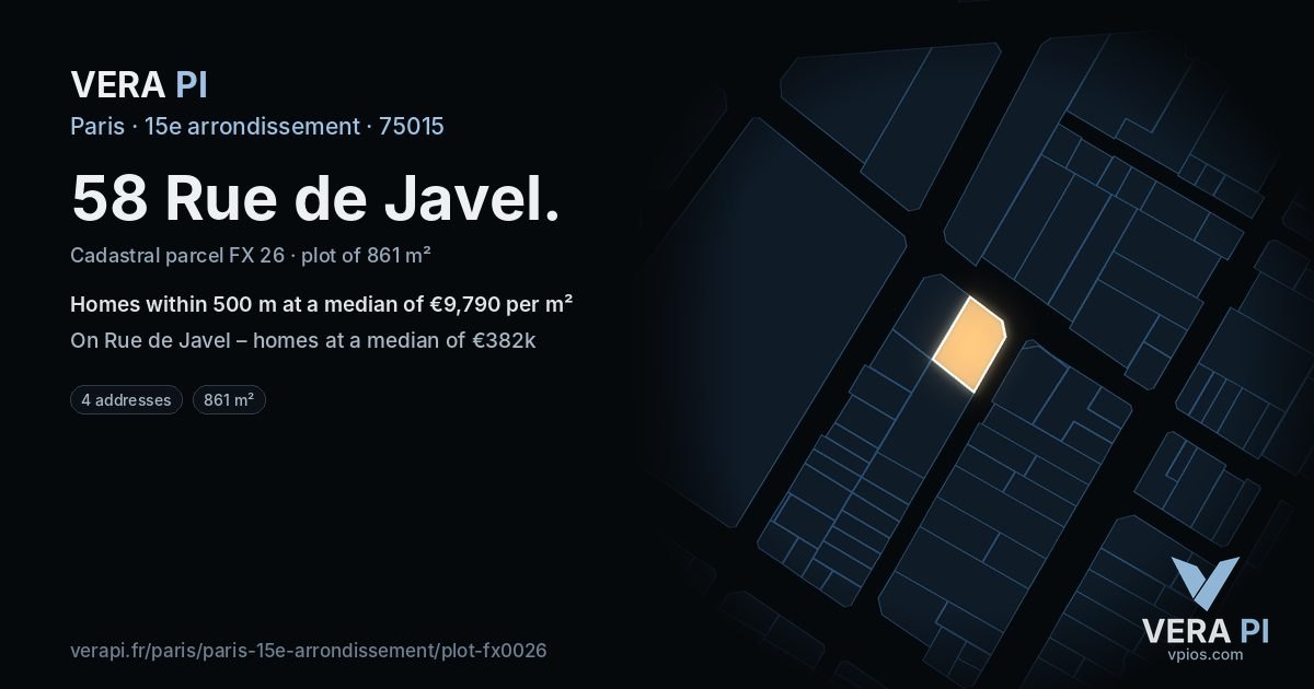 58 Rue de Javel, 15e arrondissement at night – the plot lit, the parcels around coloured by the prices near them