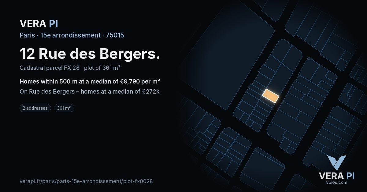 12 Rue des Bergers, 15e arrondissement at night – the plot lit, the parcels around coloured by the prices near them