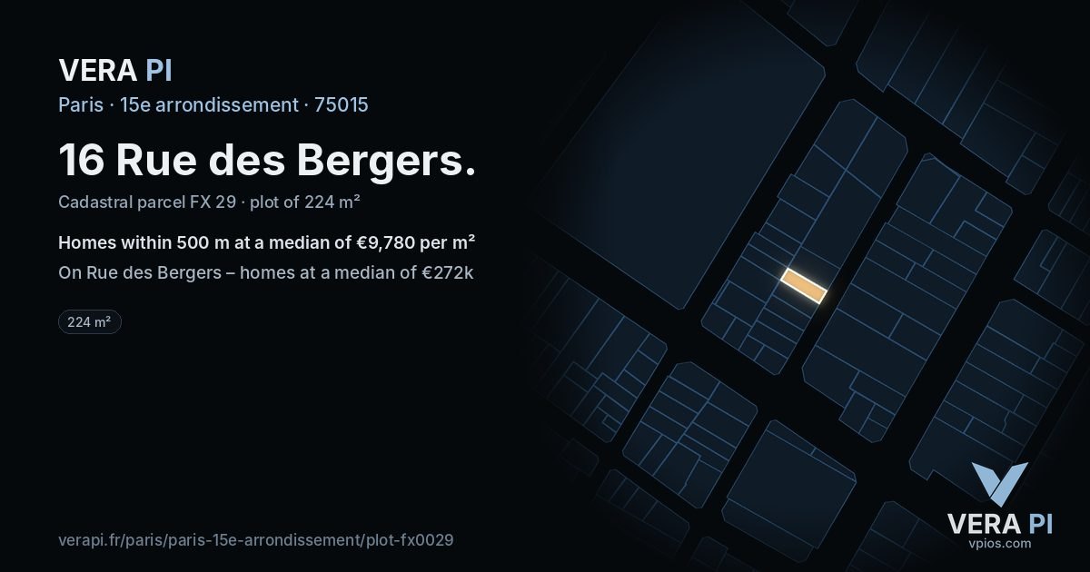 16 Rue des Bergers, 15e arrondissement at night – the plot lit, the parcels around coloured by the prices near them