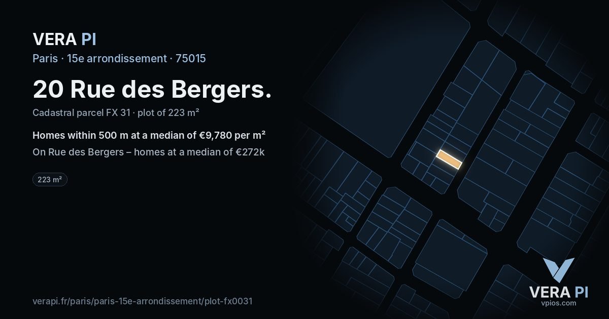 20 Rue des Bergers, 15e arrondissement at night – the plot lit, the parcels around coloured by the prices near them