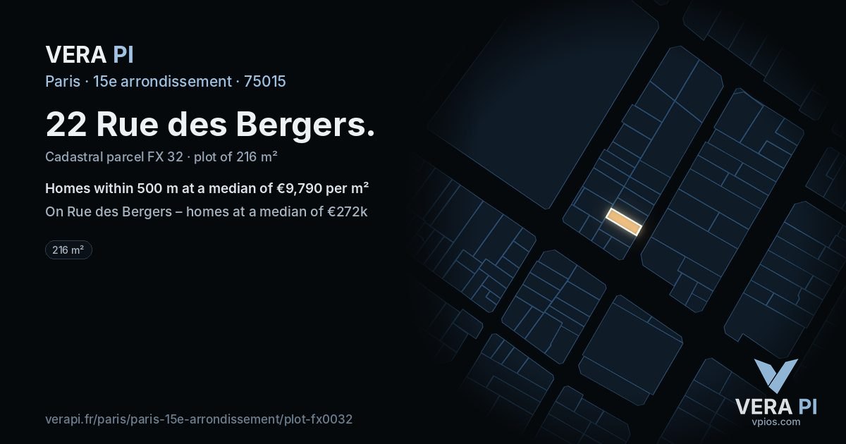 22 Rue des Bergers, 15e arrondissement at night – the plot lit, the parcels around coloured by the prices near them