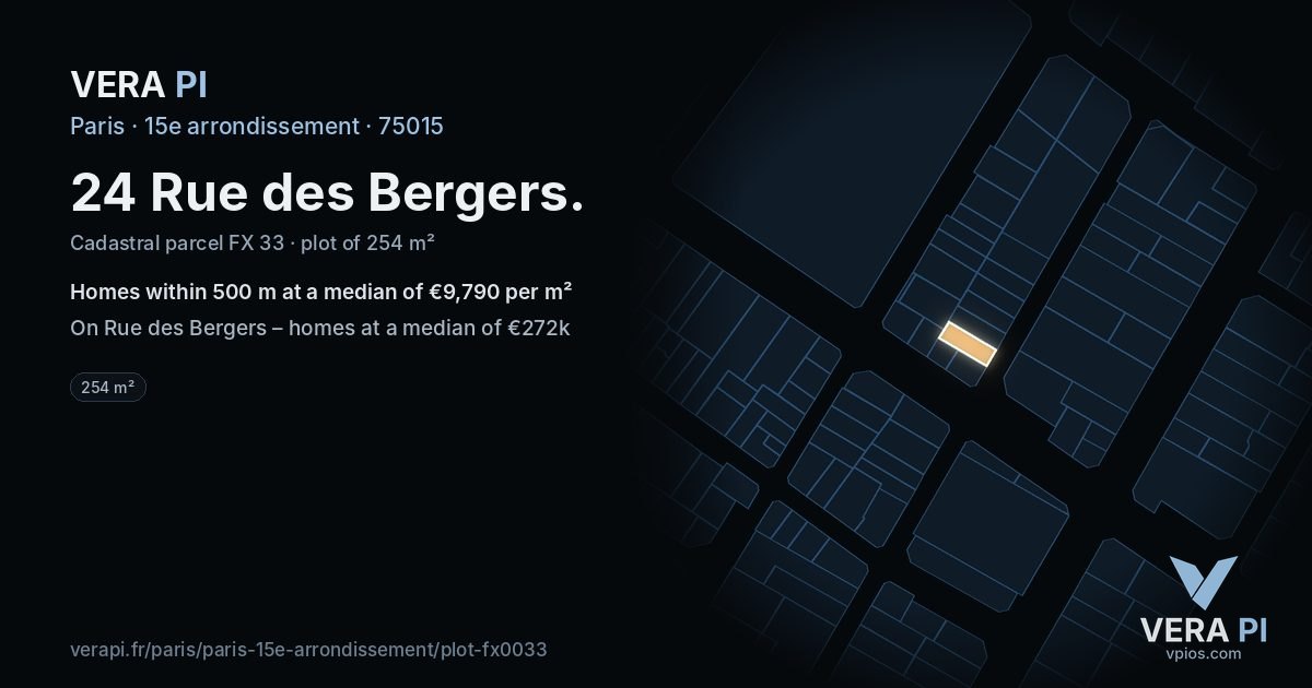 24 Rue des Bergers, 15e arrondissement at night – the plot lit, the parcels around coloured by the prices near them