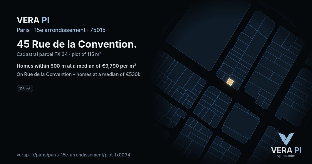 45 Rue de la Convention, 15e arrondissement at night – the plot lit, the parcels around coloured by the prices near them