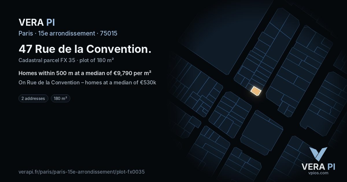 47 Rue de la Convention, 15e arrondissement at night – the plot lit, the parcels around coloured by the prices near them