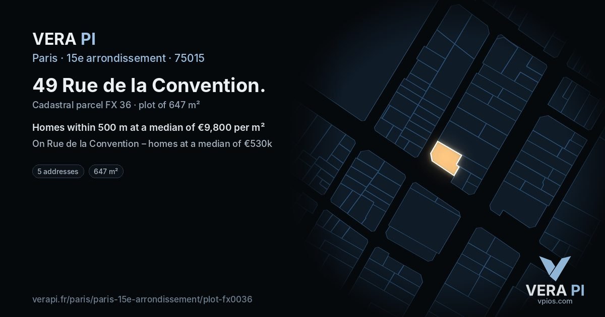 49 Rue de la Convention, 15e arrondissement at night – the plot lit, the parcels around coloured by the prices near them