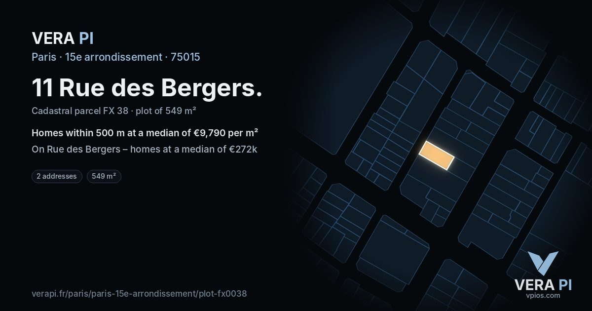 11 Rue des Bergers, 15e arrondissement at night – the plot lit, the parcels around coloured by the prices near them
