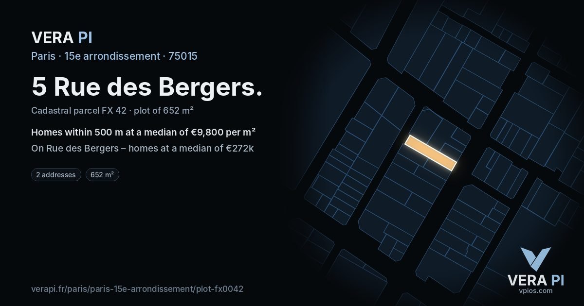 5 Rue des Bergers, 15e arrondissement at night – the plot lit, the parcels around coloured by the prices near them
