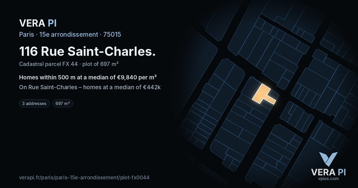 116 Rue Saint-Charles, 15e arrondissement at night – the plot lit, the parcels around coloured by the prices near them
