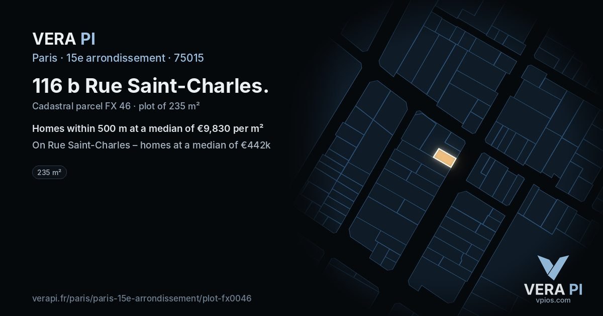 116 b Rue Saint-Charles, 15e arrondissement at night – the plot lit, the parcels around coloured by the prices near them