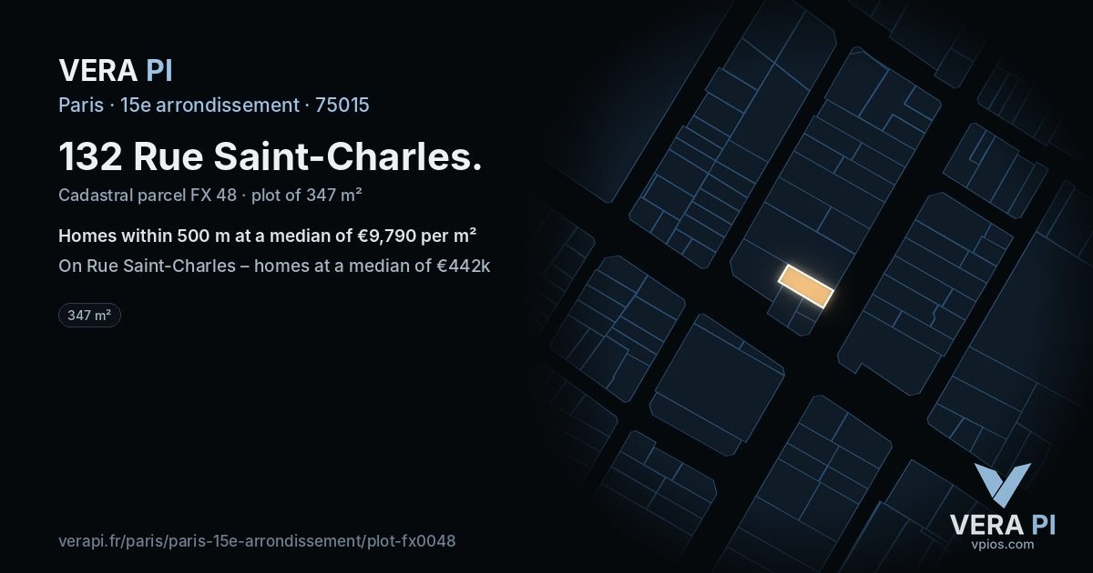 132 Rue Saint-Charles, 15e arrondissement at night – the plot lit, the parcels around coloured by the prices near them